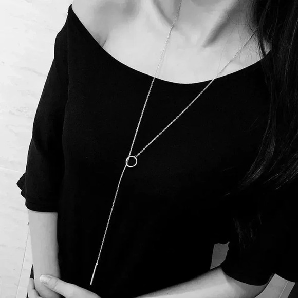 925 Sterling Silver Long Bar Lariat Necklace Long Drop Circle & Bar Necklace - Picture 9 of 9